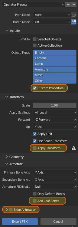 Blender FBX export settings